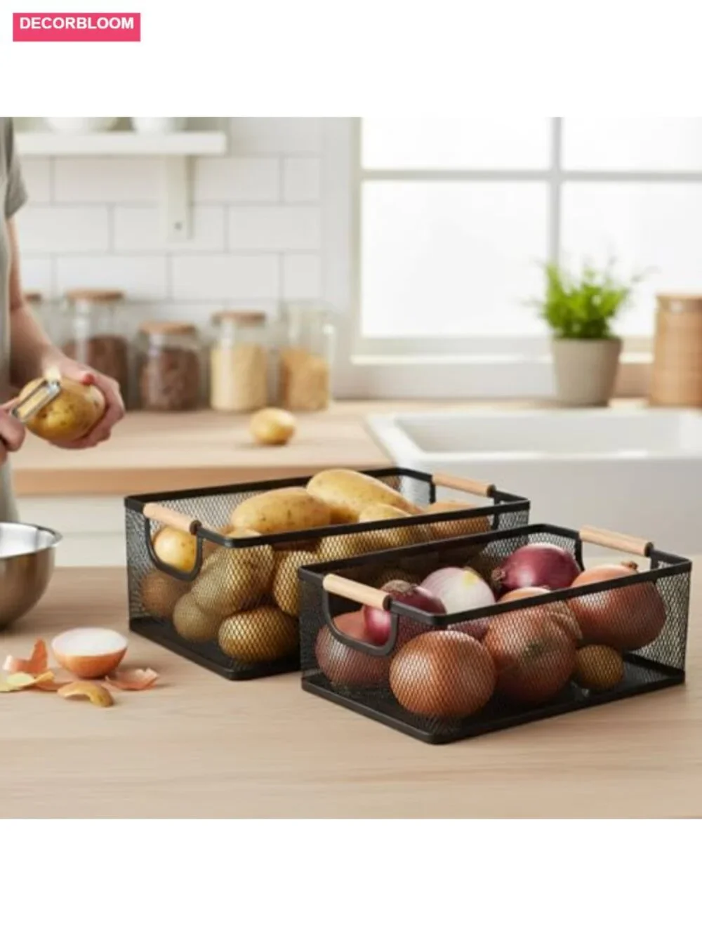 2-Piece Metal Mesh Storage Basket Set with Wood Handles Ventilated Kitchen
